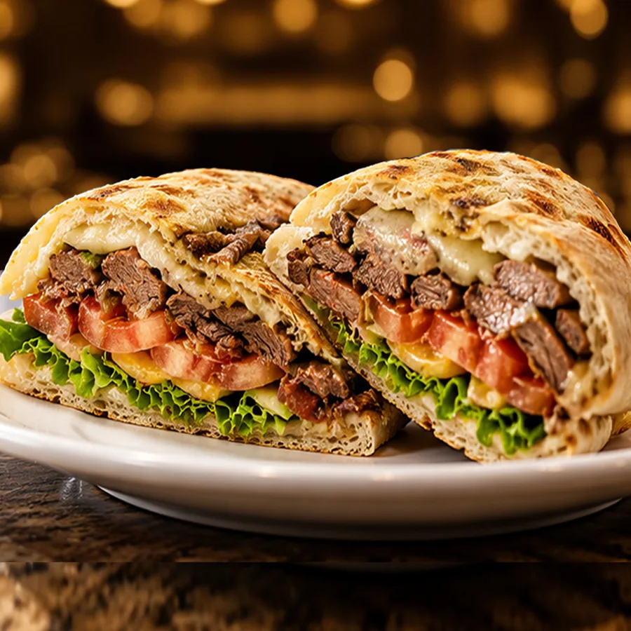 Beirute recheado com carne, queijo e salada