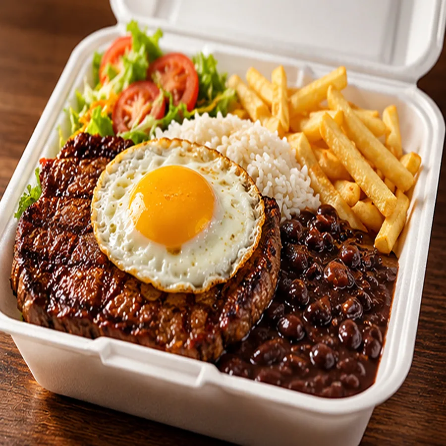 Marmita de bife à cavalo com acompanhamentos